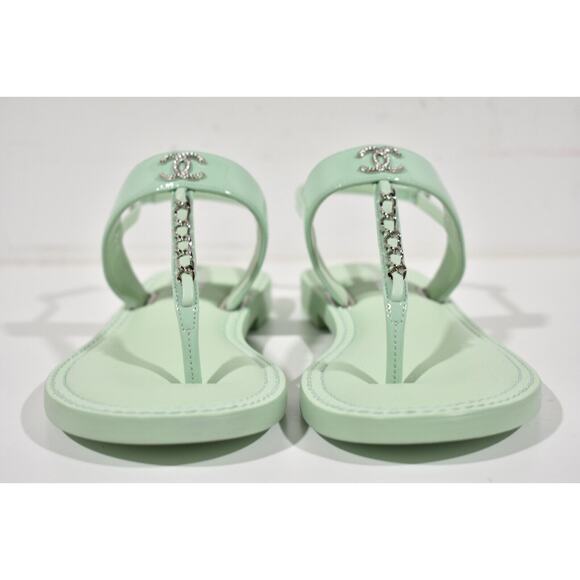 Chanel 22C Green Patent Silver Chain CC Logo Mule Slide Flat Thong Sandal 37 - Picture 7 of 12